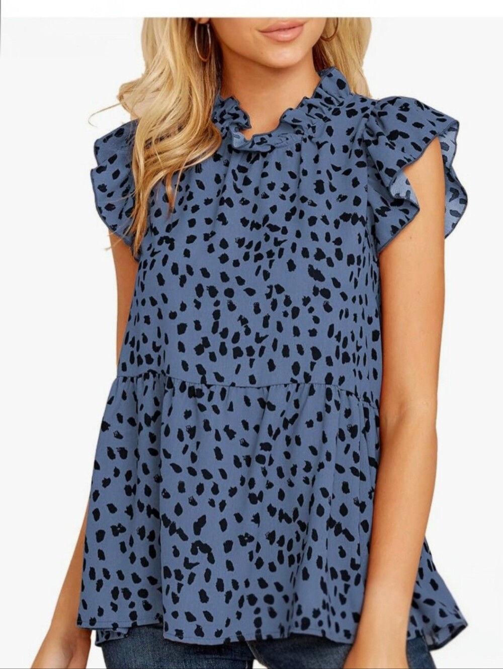 Angashion Women's Tops Casual Floral Print Cap Sleeve Ruffle Neck Loose Babydoll